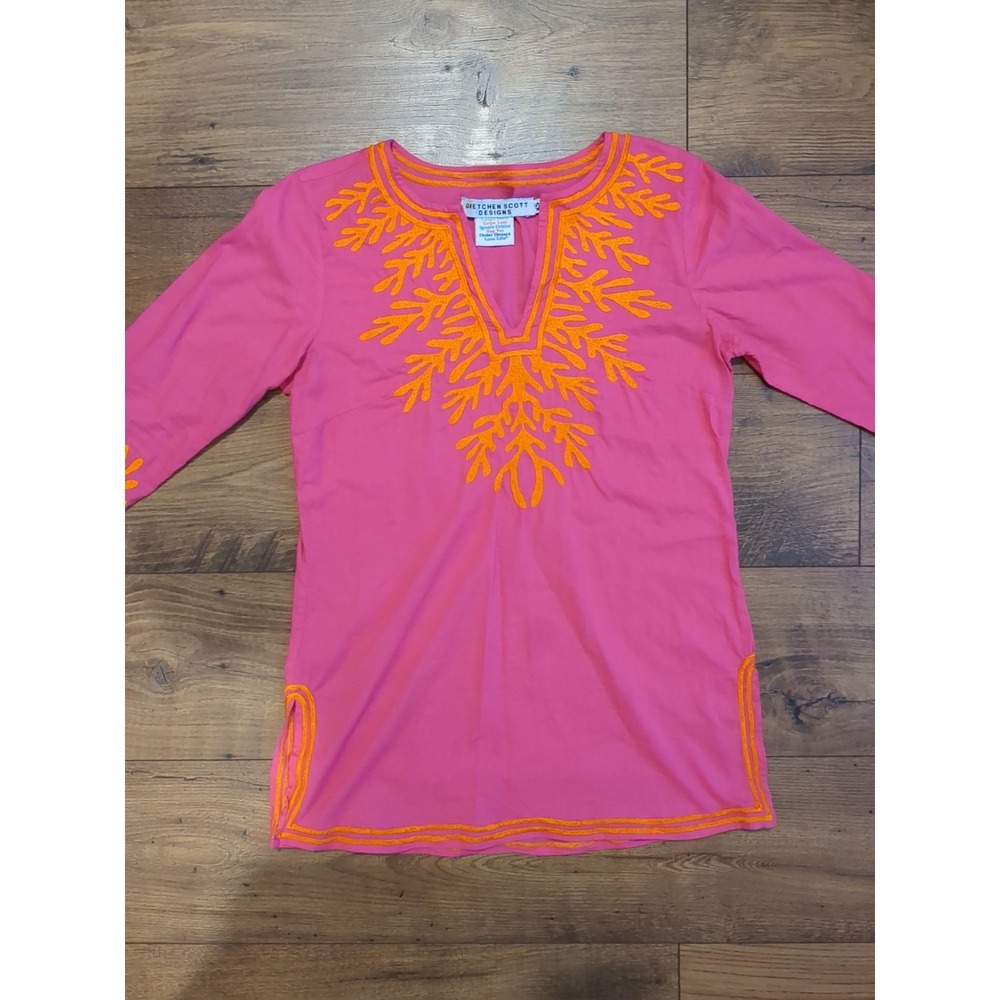 Gretchen Scott Womens XS 3/4 Sleeve Coral The Reef Embroidered Tunic